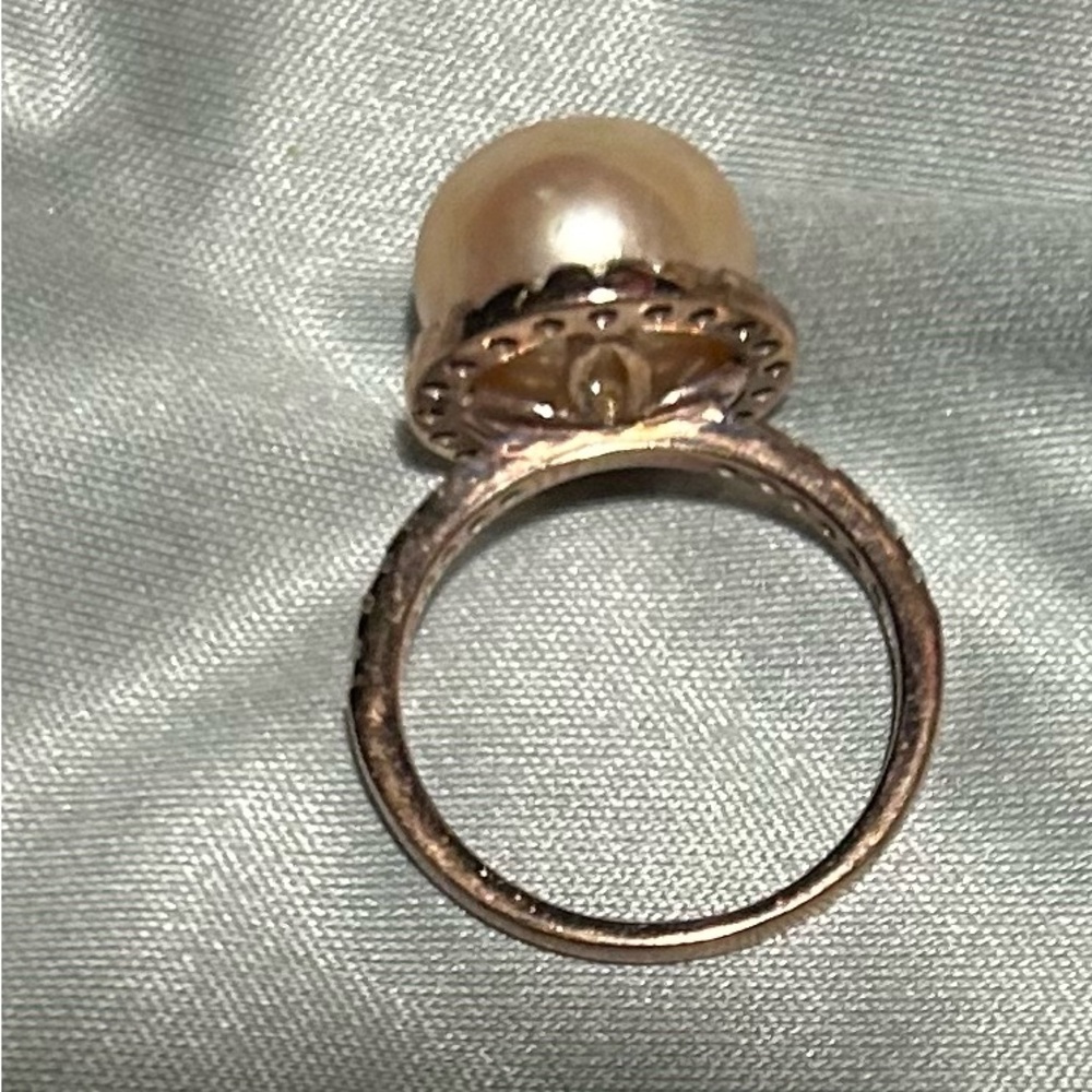 Elegant Gold Pearl Ring with CZ’s in Sterling Silver Plated in Rose Gold